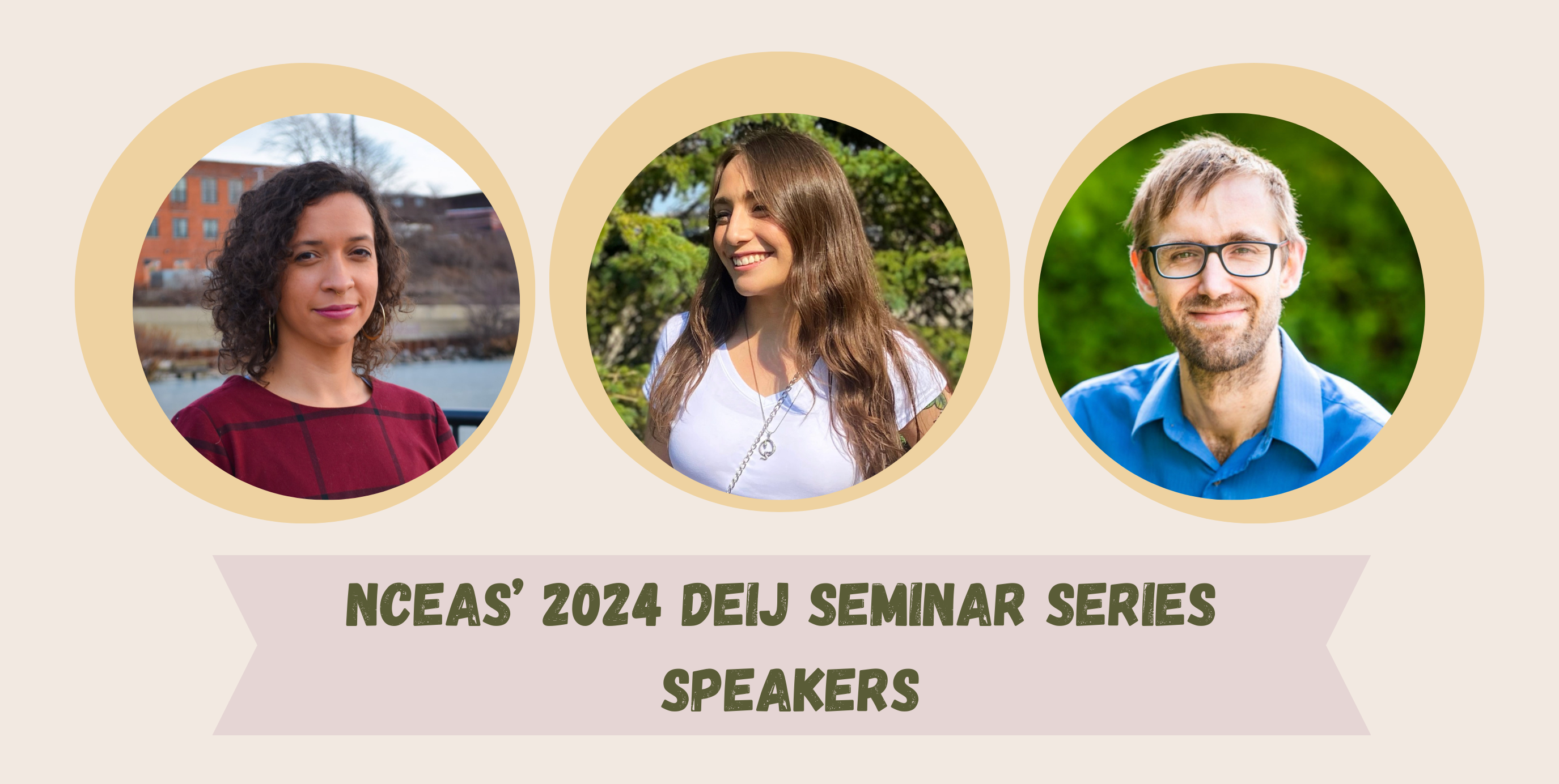 Three headshots of the DEIJ Seminar Series speakers. Left to right, Dr. Lourdes Vera, Keara Lightning, Dr. Eric Nost.
