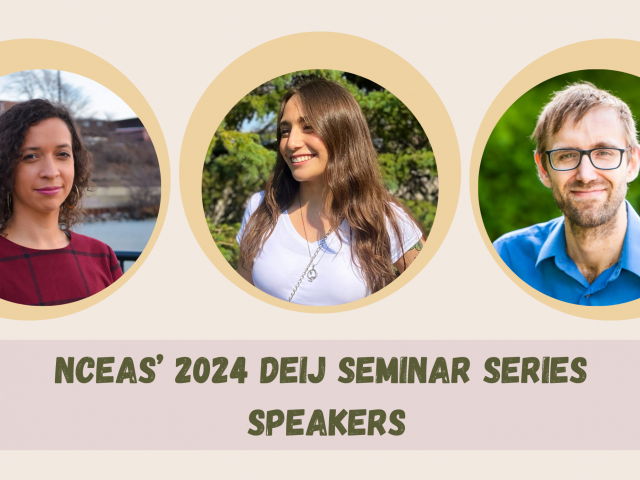 Three headshots of the 2024 DEIJ Seminar Series speakers. Left to right, Dr. Lourdes Vera, Keara Lightning, Dr. Eric Nost