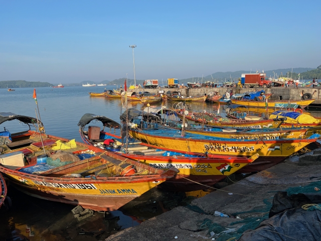 Yellow fishing boats docked in a row